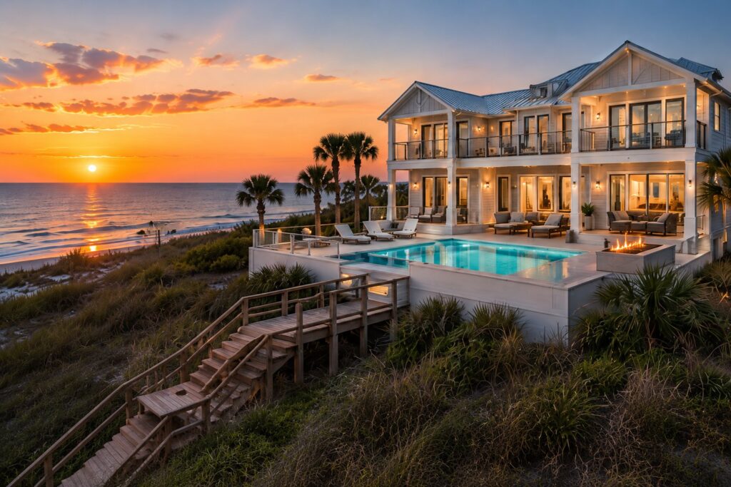 Aerial real estate photo of a beachfront home and pool at sunset